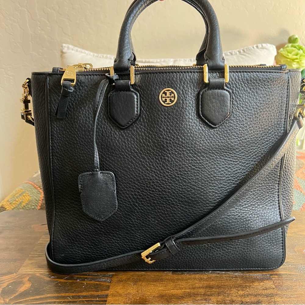 Tory Burch $575 Robinson Tri Compartment Black Pebbled Leather Crossbody Tote